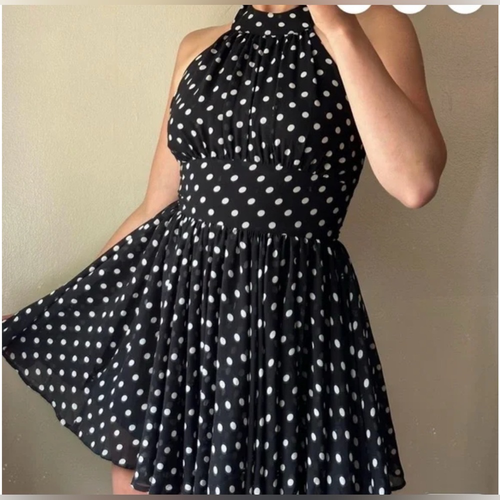 Black Polka Dot Halter Dress | Chiffon Fit & Flare | Small